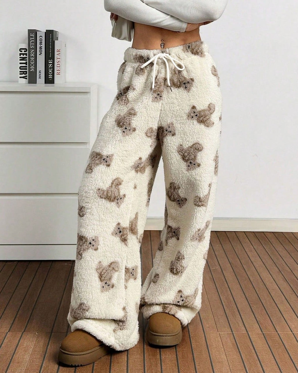 Fuzzy Teddy Bear Print Wide Leg Pants - Apricot