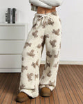 Fuzzy Teddy Bear Print Wide Leg Pants - Apricot