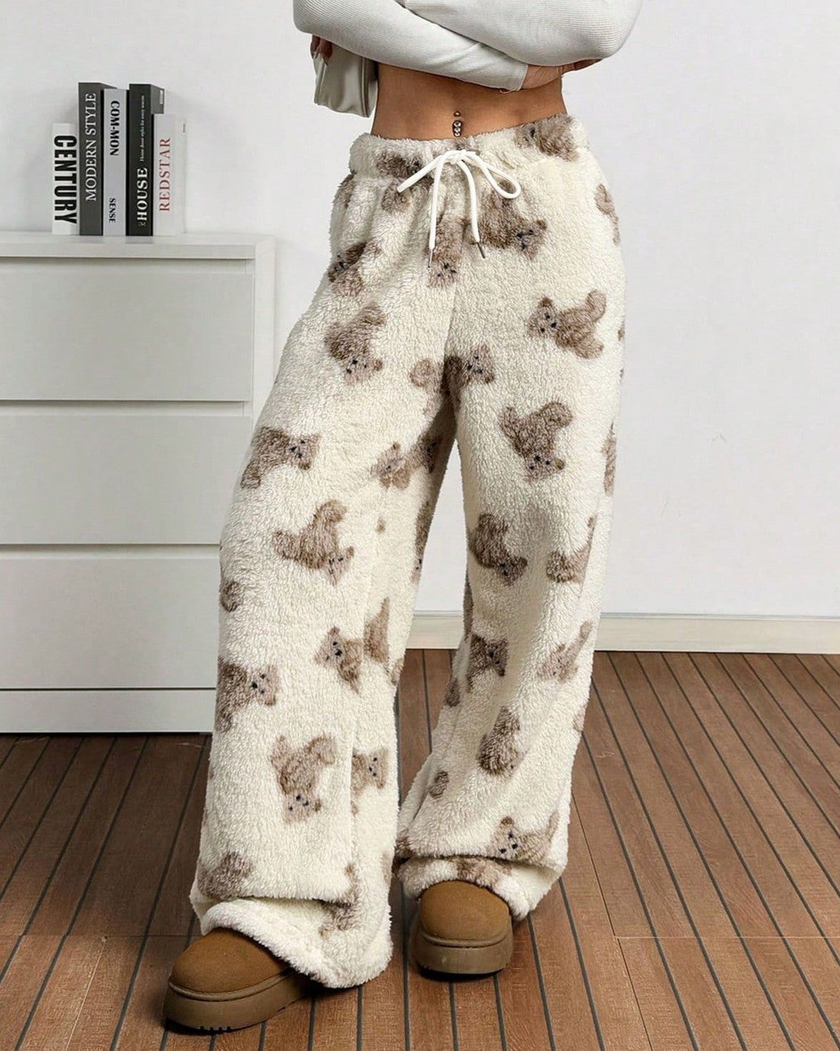 Fuzzy Teddy Bear Print Wide Leg Pants - Apricot