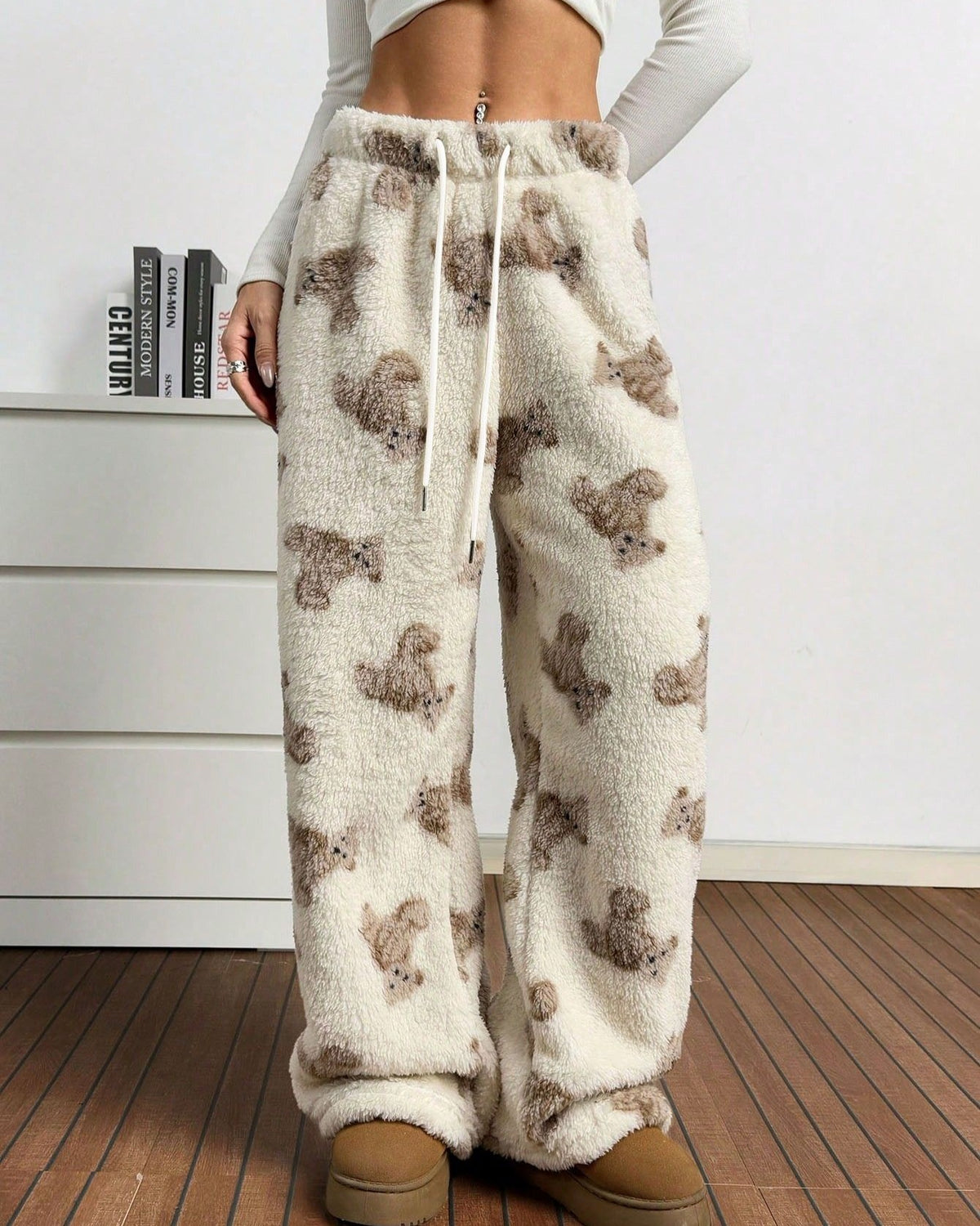 Fuzzy Teddy Bear Print Wide Leg Pants - Apricot - 1