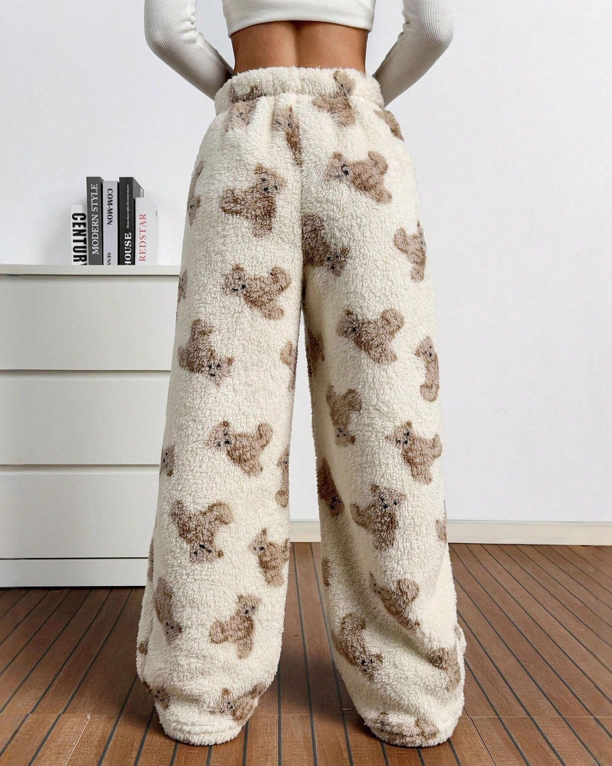 Fuzzy Teddy Bear Print Wide Leg Pants - Apricot - 2