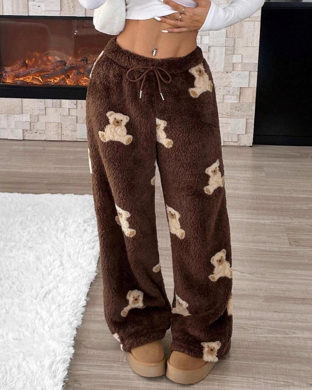 Fuzzy Teddy Bear Print Wide Leg Pants - Coffee - 1