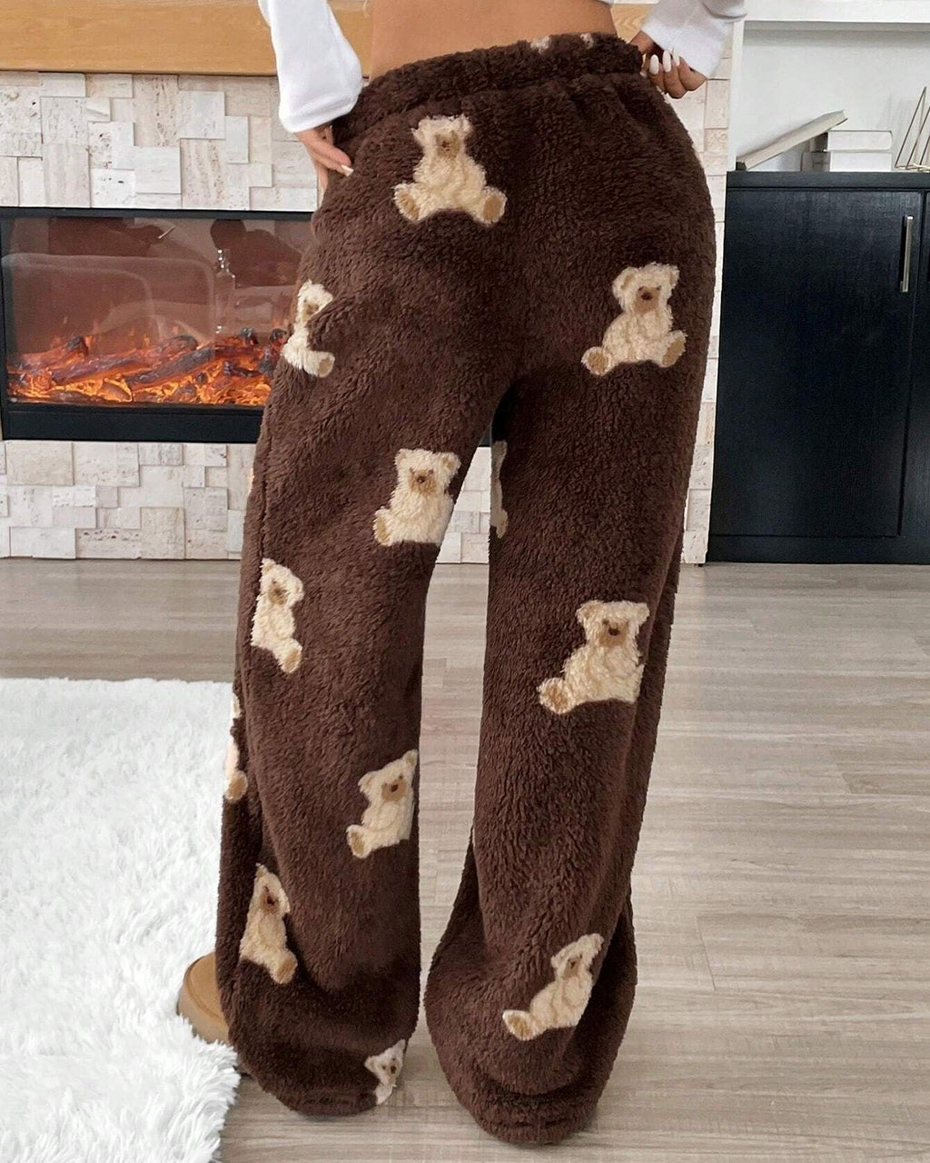 Fuzzy Teddy Bear Print Wide Leg Pants - Coffee - 2
