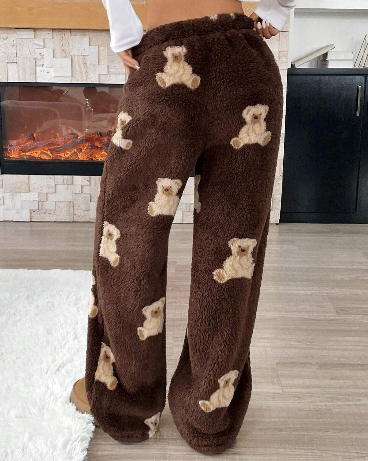 Fuzzy Teddy Bear Print Wide Leg Pants - Coffee - 2