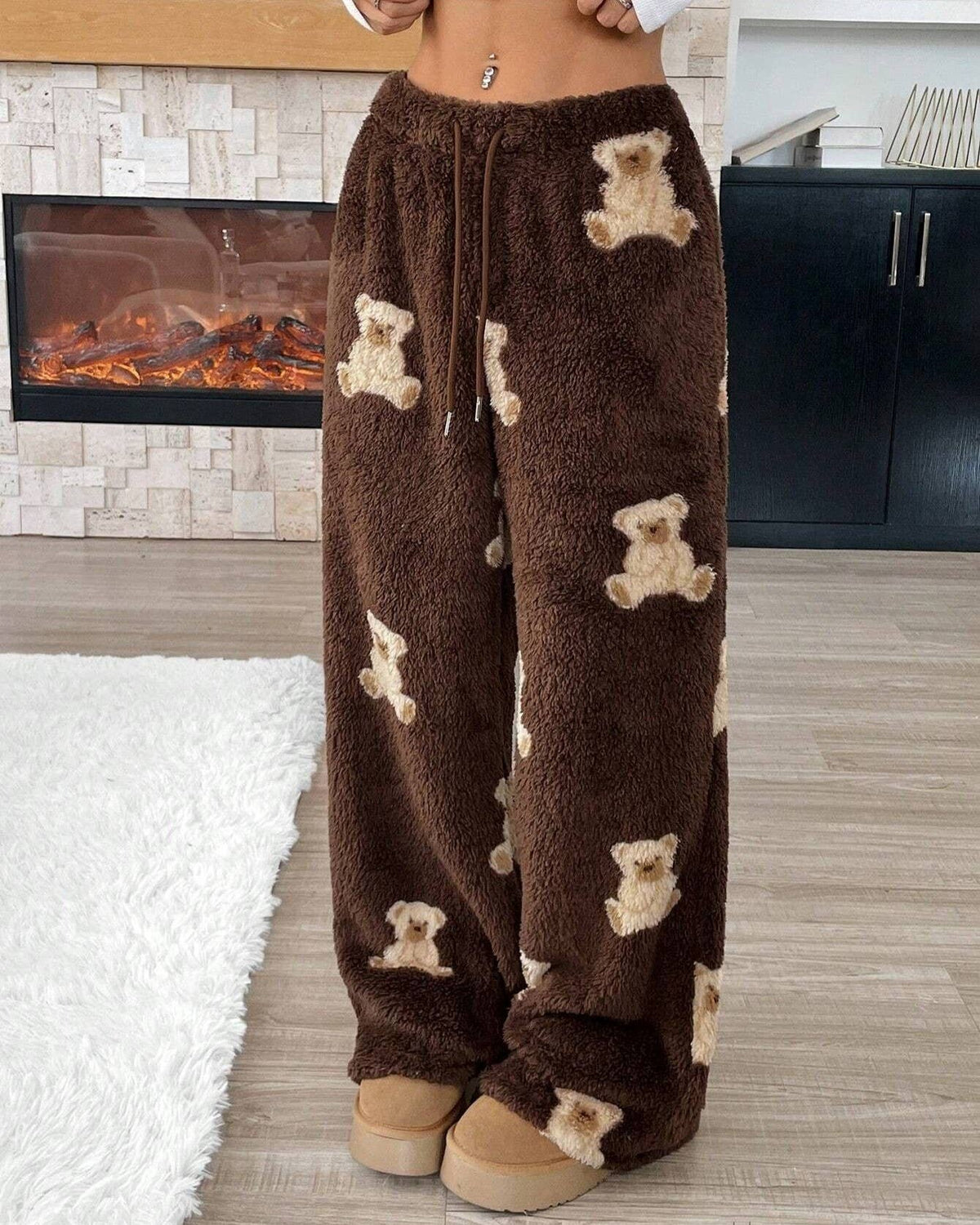 Fuzzy Teddy Bear Print Wide Leg Pants