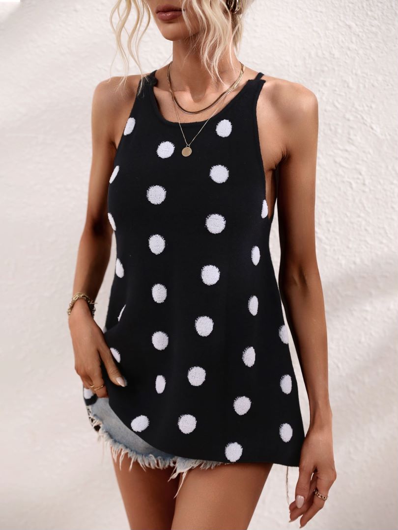 Polka Dot Racerback Knit Cami Tank - Black - 1