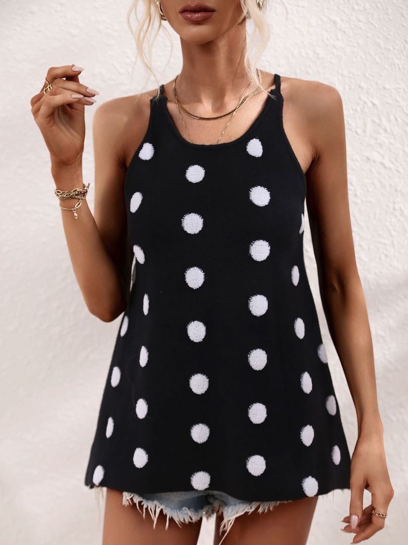 Polka Dot Racerback Knit Cami Tank - Black - 2