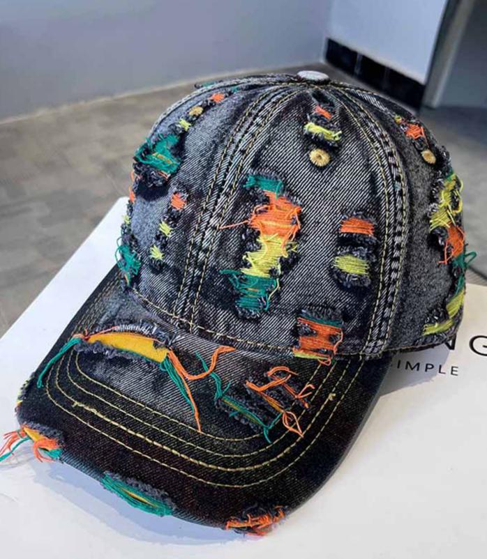 Distressed Denim Cap With Frayed Threads - Black