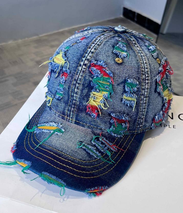 Distressed Denim Cap With Frayed Threads - Blue