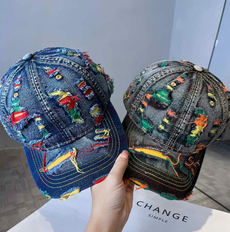 Distressed Denim Cap With Frayed Threads - DarkBlue