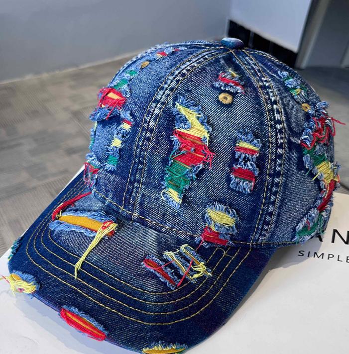 Distressed Denim Cap With Frayed Threads - DarkBlue - 1