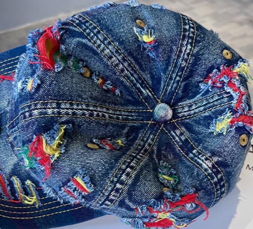 Distressed Denim Cap With Frayed Threads - DarkBlue - 2