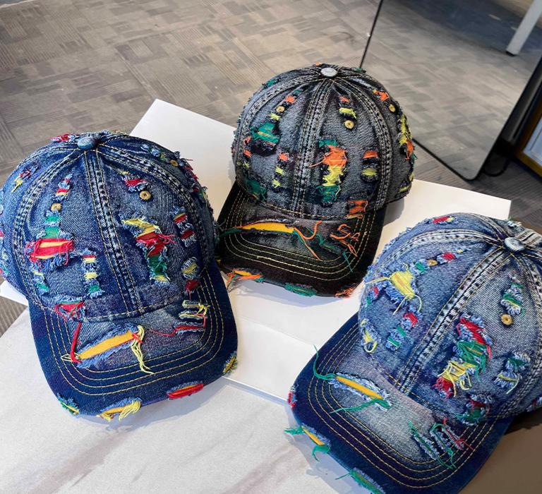 Distressed Denim Cap With Frayed Threads - DarkBlue - 4