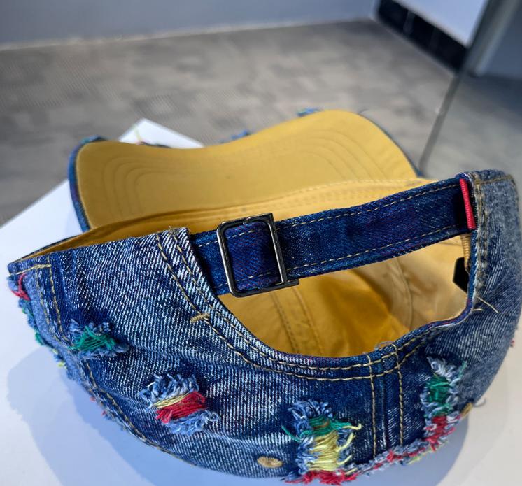 Distressed Denim Cap With Frayed Threads - DarkBlue - 5