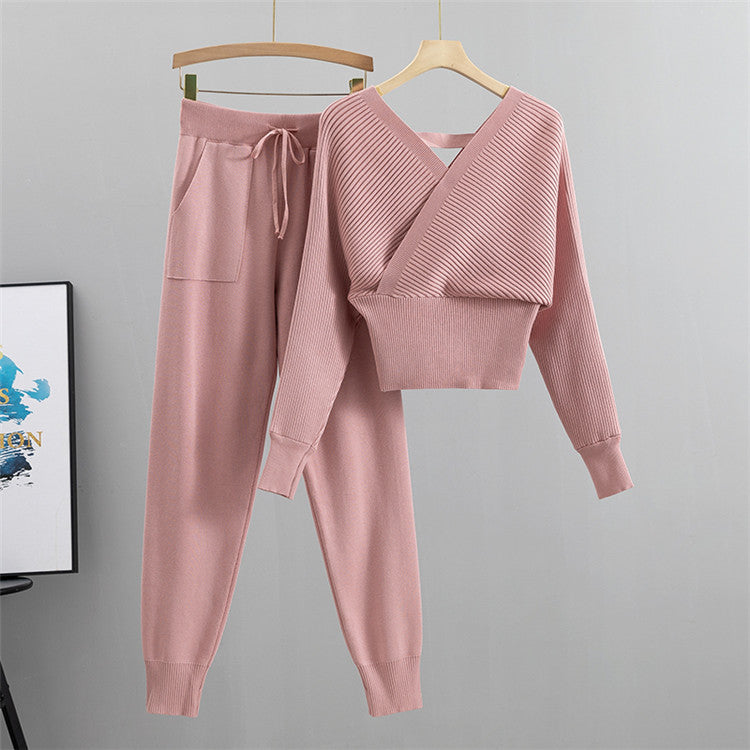Ribbed Cropped Surplice Top And Jogger Set - Pink