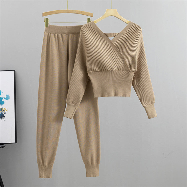 Ribbed Cropped Surplice Top And Jogger Set - Tan - 1