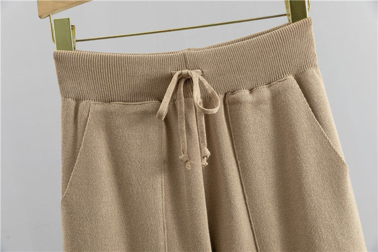 Ribbed Cropped Surplice Top And Jogger Set - Tan - 5