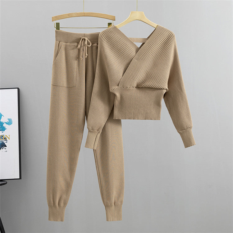 Ribbed Cropped Surplice Top And Jogger Set