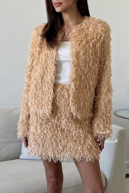 Shaggy Faux Fur Cardigan And Mini Skirt Set - Khaki - 1