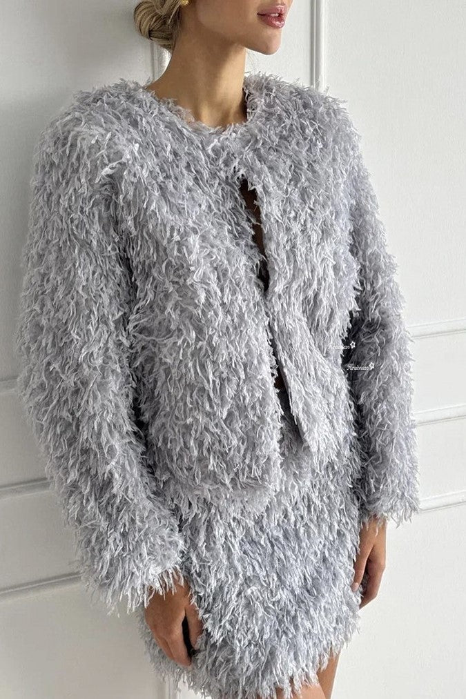 Shaggy Faux Fur Cardigan And Mini Skirt Set - grey