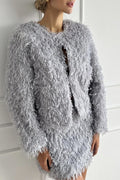 Shaggy Faux Fur Cardigan And Mini Skirt Set - grey