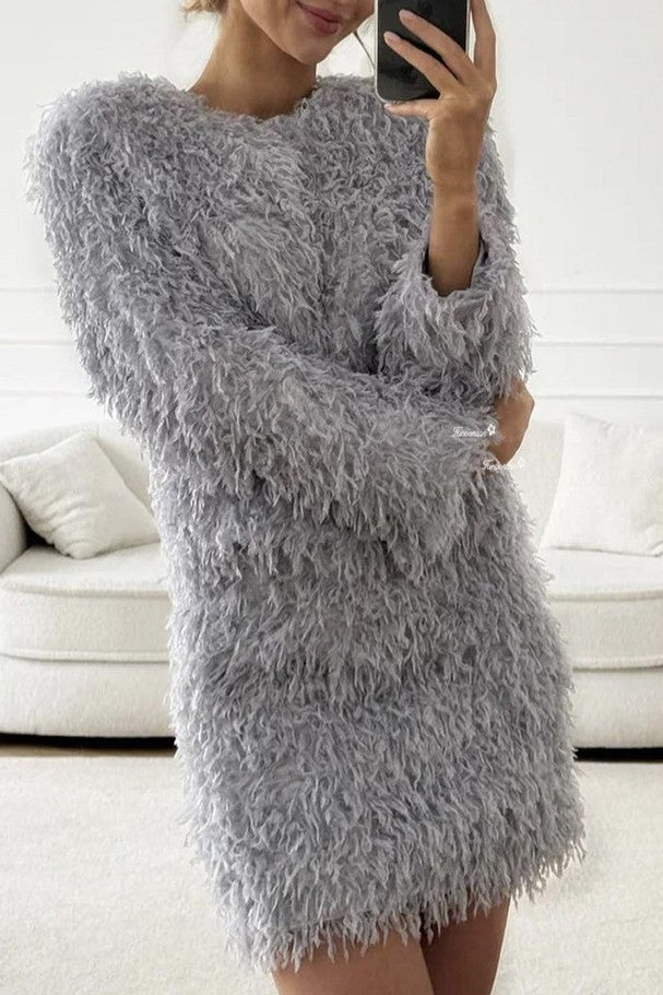 Shaggy Faux Fur Cardigan And Mini Skirt Set - grey - 2