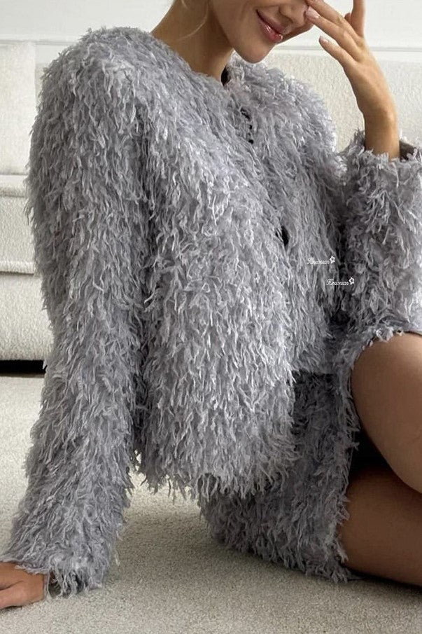 Shaggy Faux Fur Cardigan And Mini Skirt Set - grey - 5