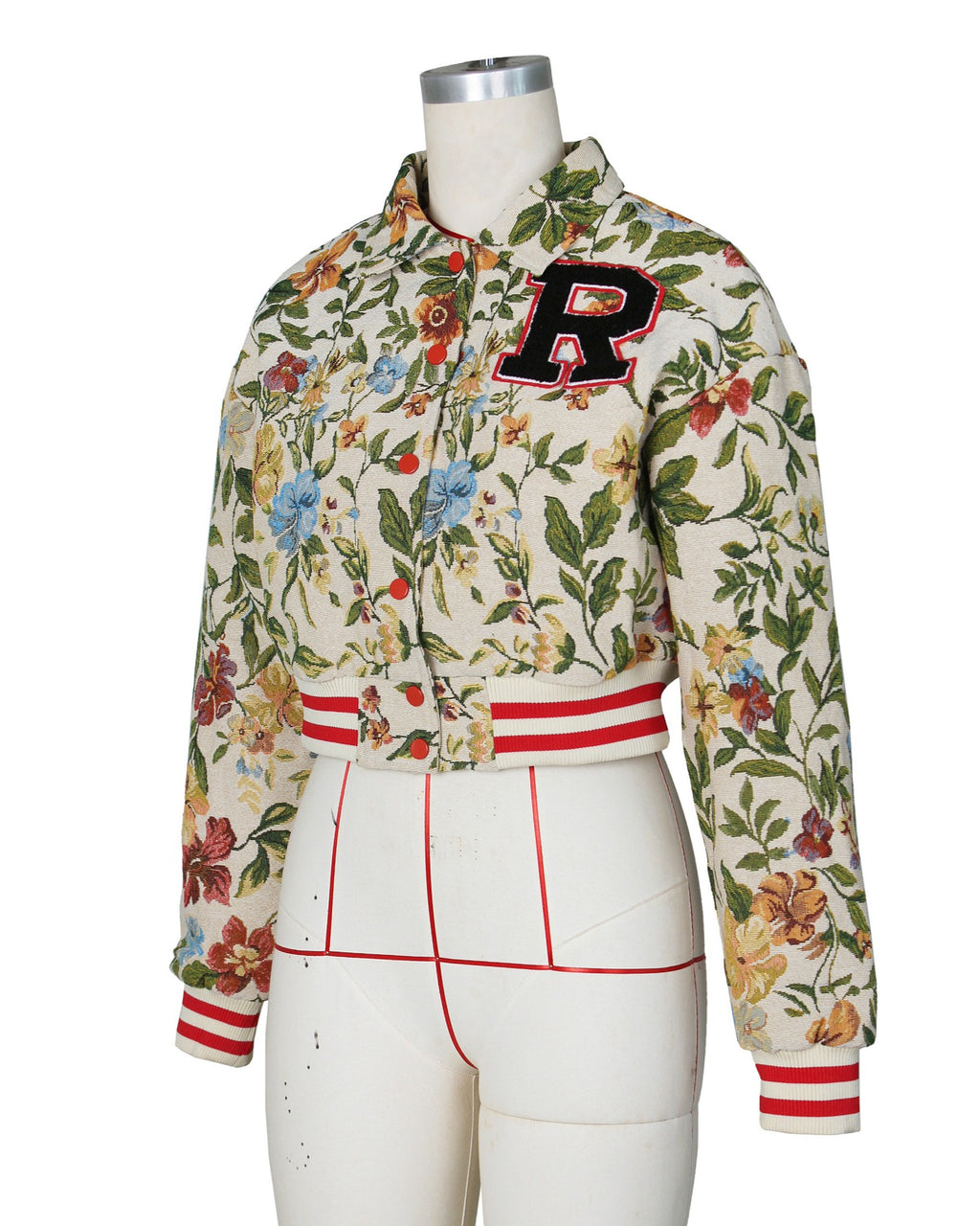 Floral Tapestry Cropped Varsity Bomber Jacket - Apricot