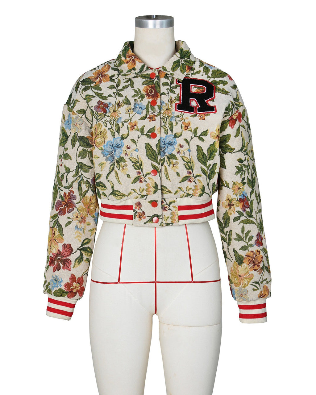 Floral Tapestry Cropped Varsity Bomber Jacket - Apricot - 1