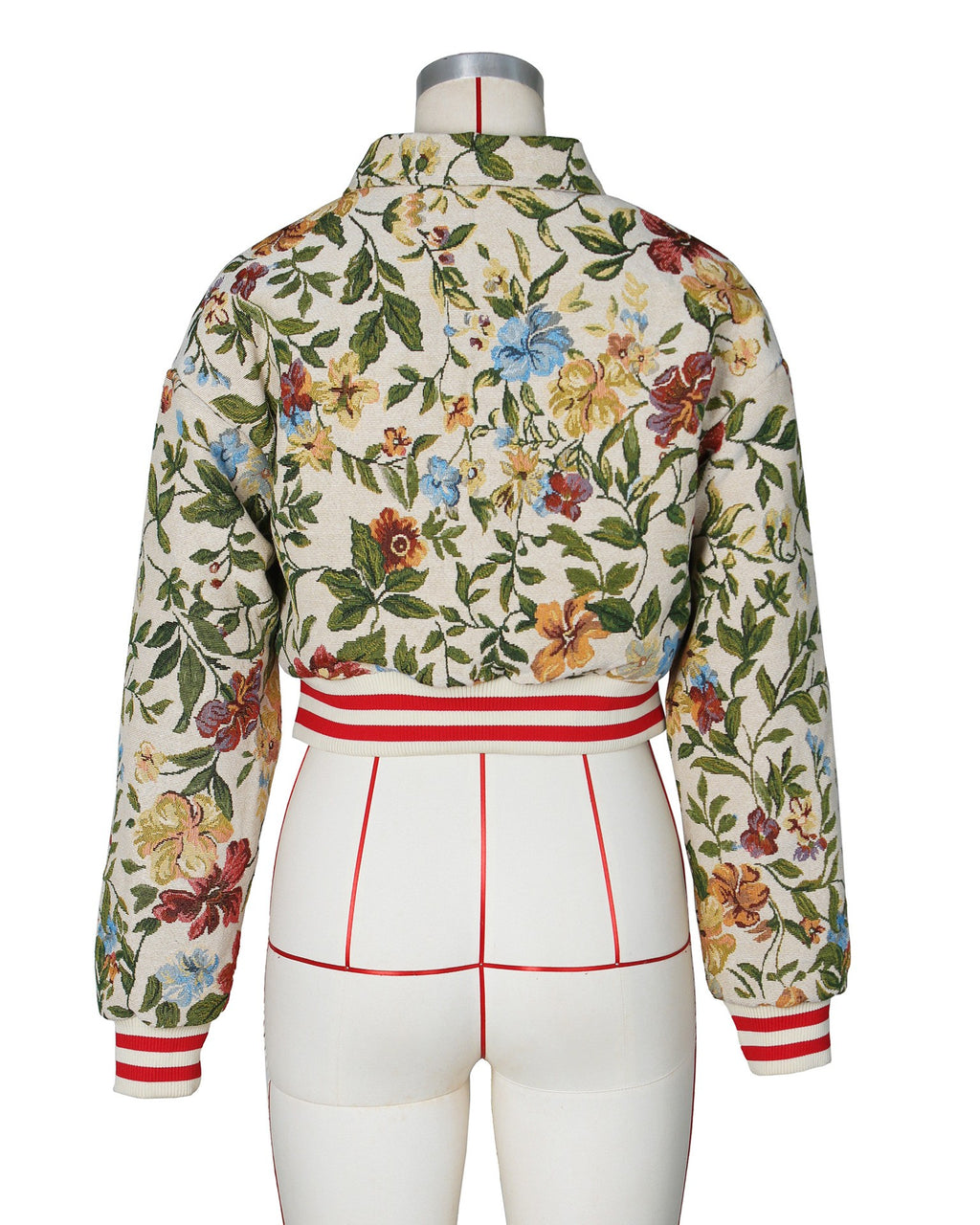 Floral Tapestry Cropped Varsity Bomber Jacket - Apricot - 2
