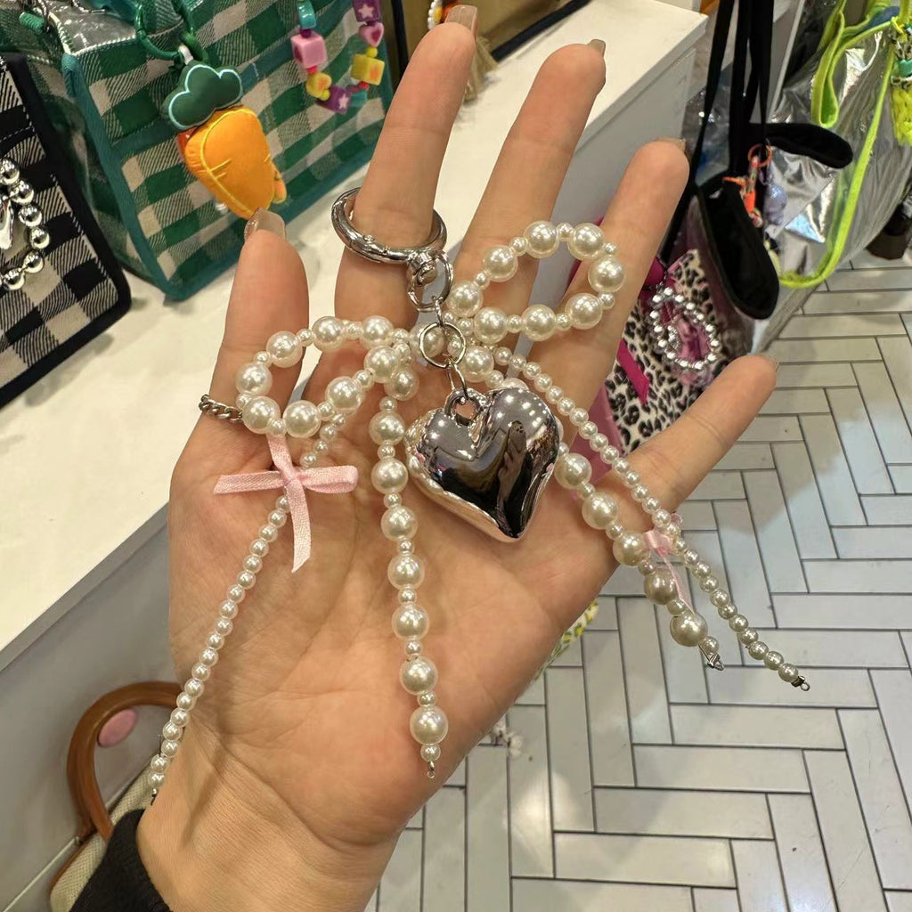 Beaded Pearl Bow Charm Keyring - NO01