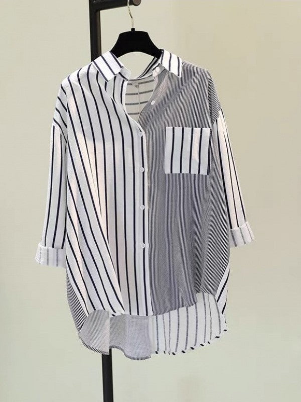 Mixed Stripe Patchwork Oversized Button Down Shirt - blue