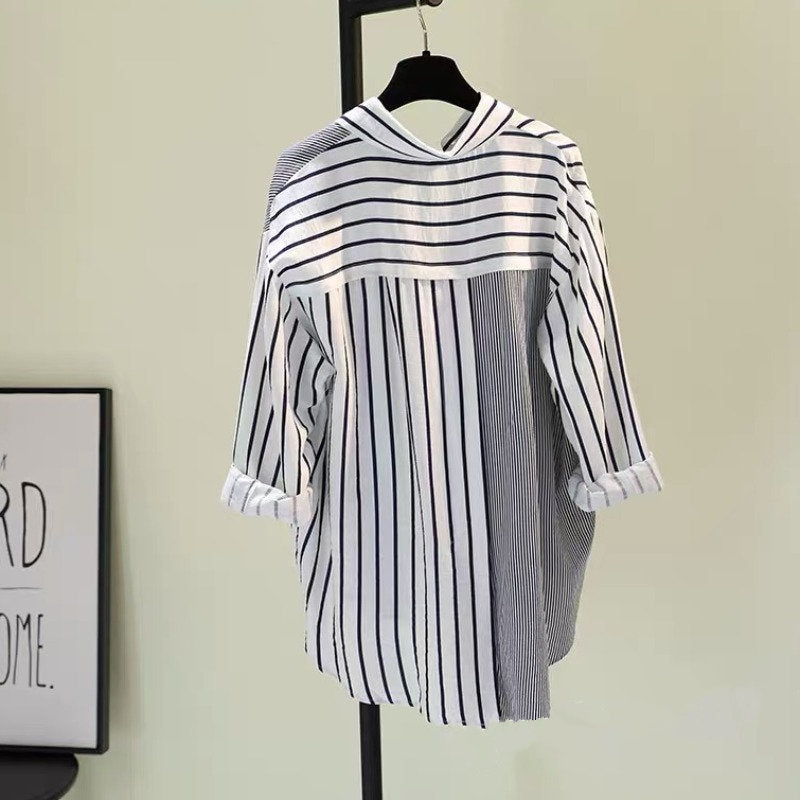 Mixed Stripe Patchwork Oversized Button Down Shirt - blue - 1