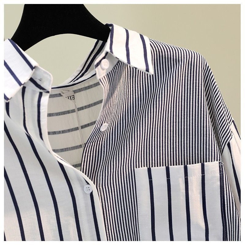 Mixed Stripe Patchwork Oversized Button Down Shirt - blue - 2