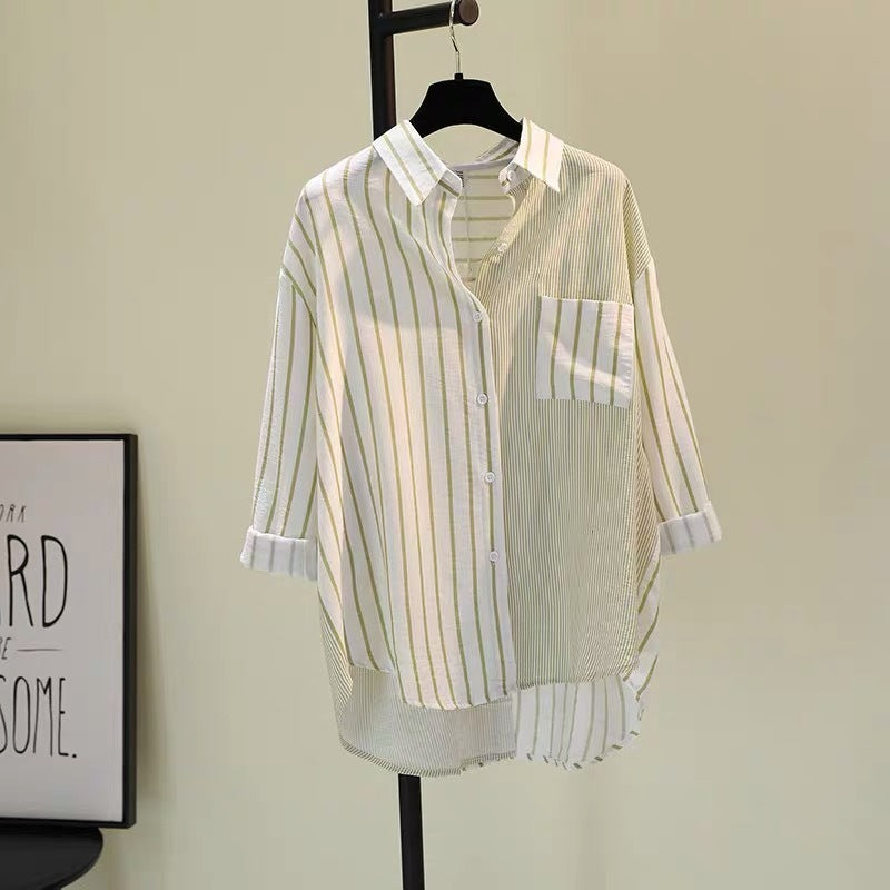 Mixed Stripe Patchwork Oversized Button Down Shirt - green