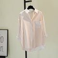 Mixed Stripe Patchwork Oversized Button Down Shirt - salmon