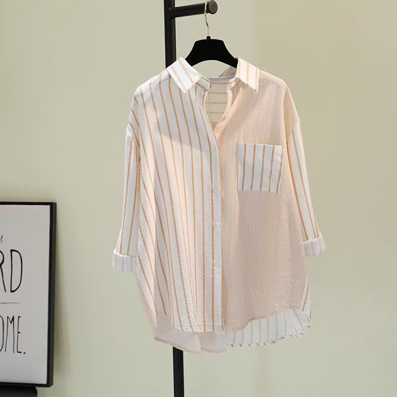 Mixed Stripe Patchwork Oversized Button Down Shirt - salmon