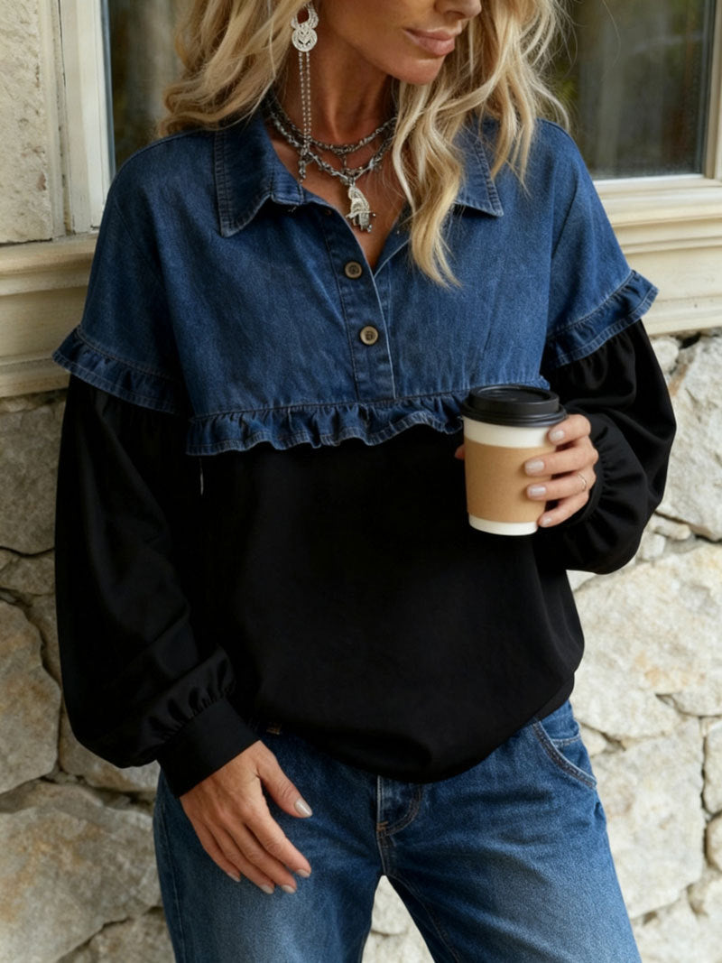 Denim Yoke Ruffle Trim Pullover Top - Black - 1