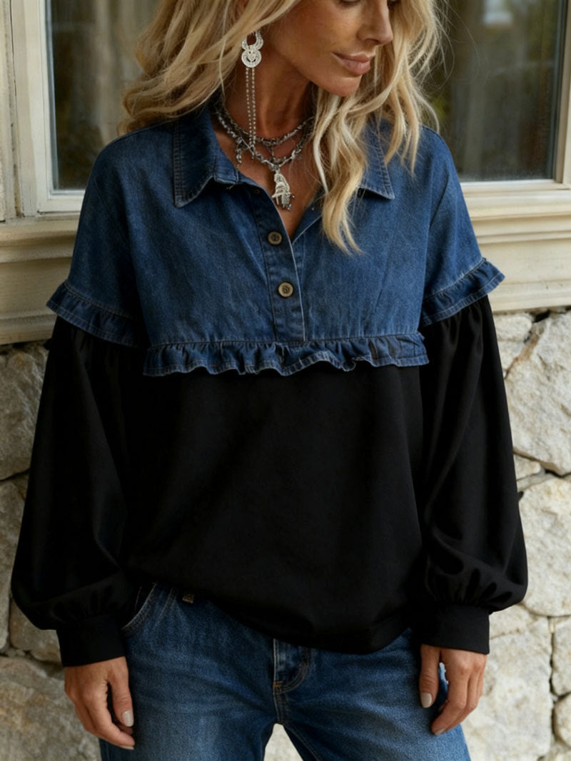 Denim Yoke Ruffle Trim Pullover Top - Black - 2