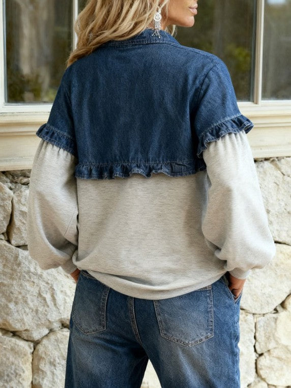 Denim Yoke Ruffle Trim Pullover Top - Grey - 1