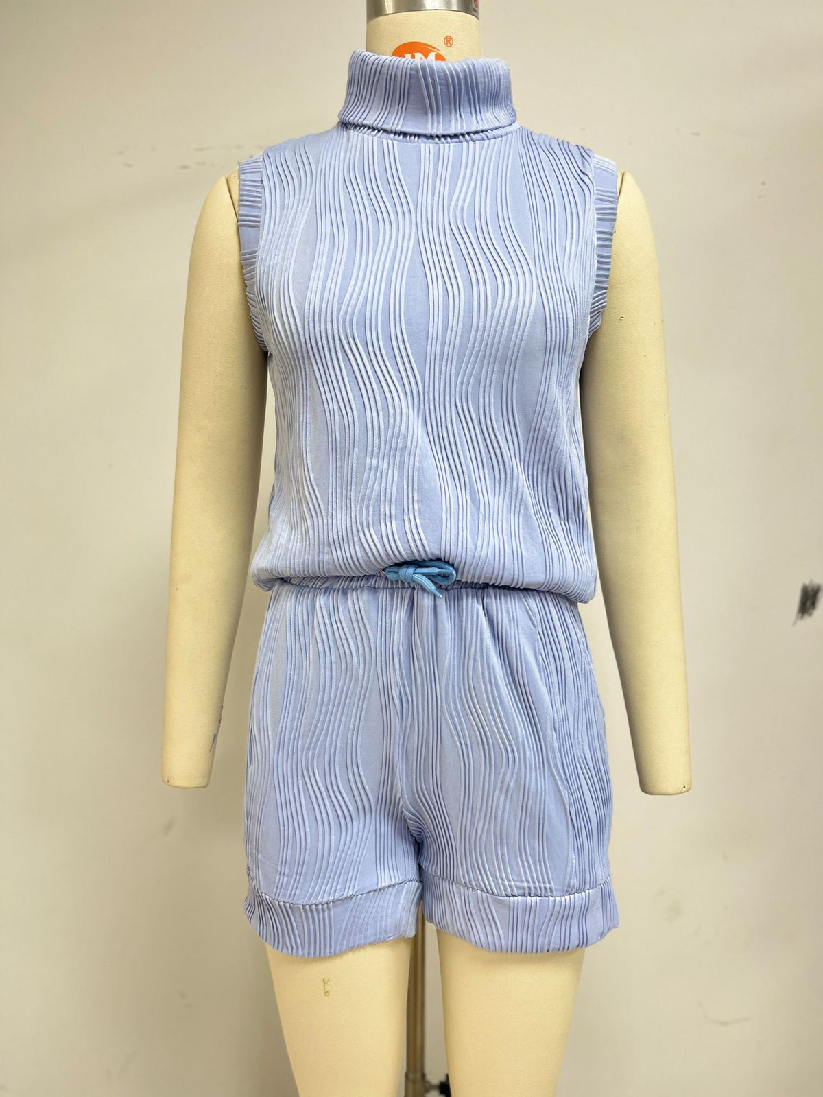 Sleeveless Mock Neck Top And Shorts Set - Blue - 1