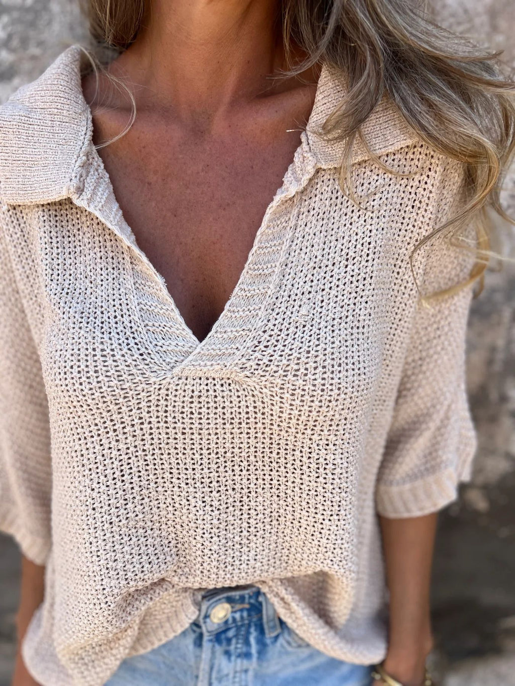 Open Knit Collared V Neck Top - Beige - 2