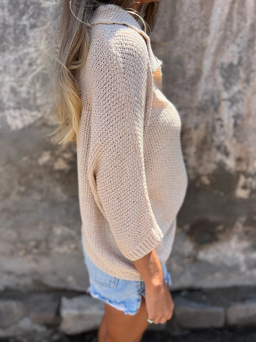 Open Knit Collared V Neck Top - Beige - 4