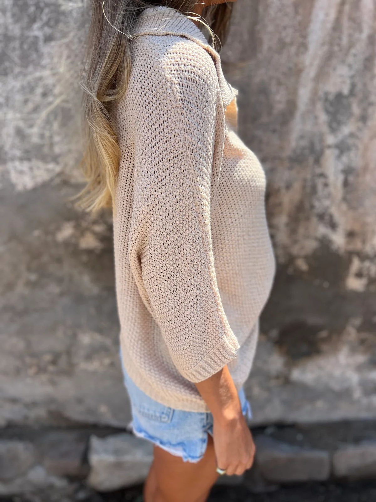 Open Knit Collared V Neck Top - Beige - 4