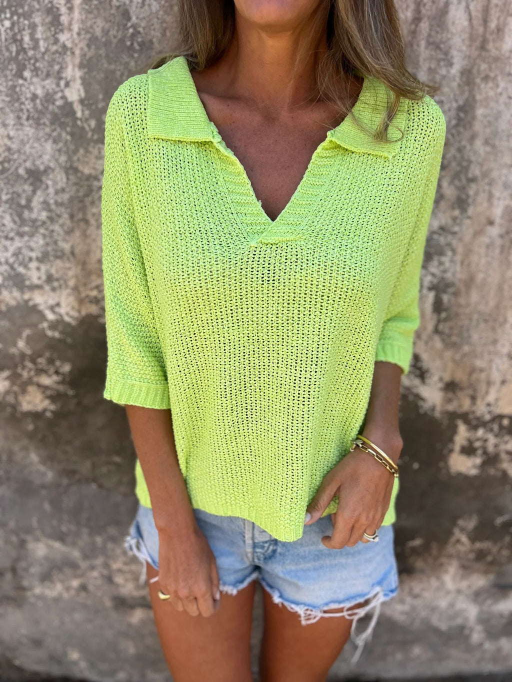 Open Knit Collared V Neck Top - acid
