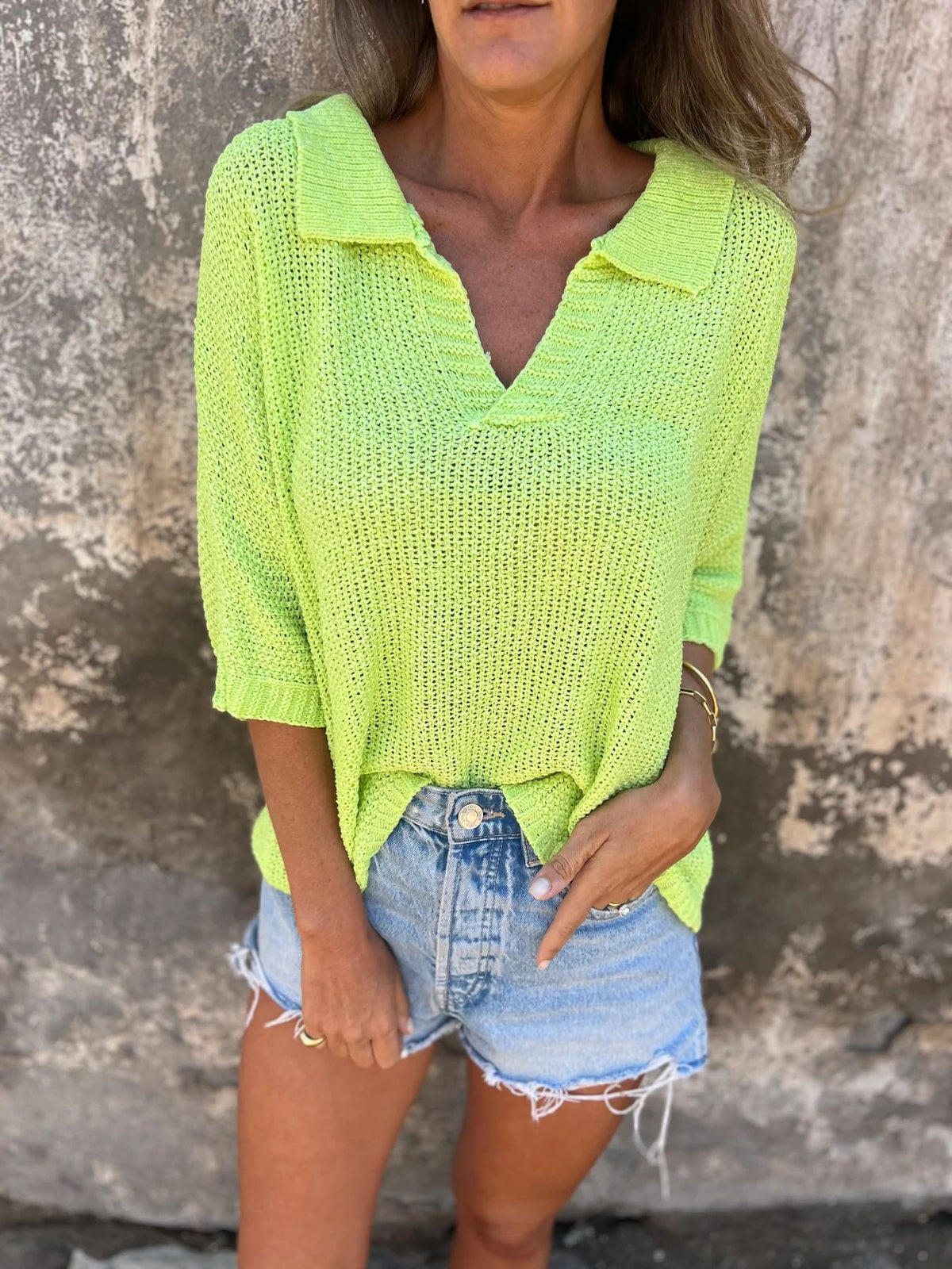 Open Knit Collared V Neck Top - acid - 2