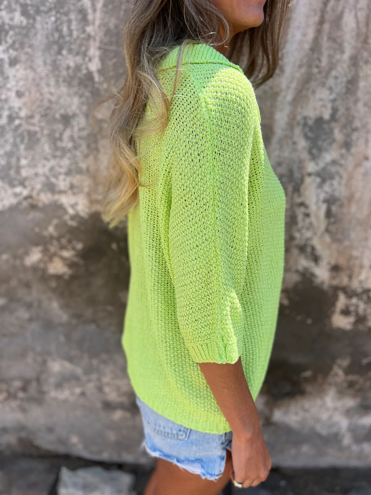 Open Knit Collared V Neck Top - acid - 3