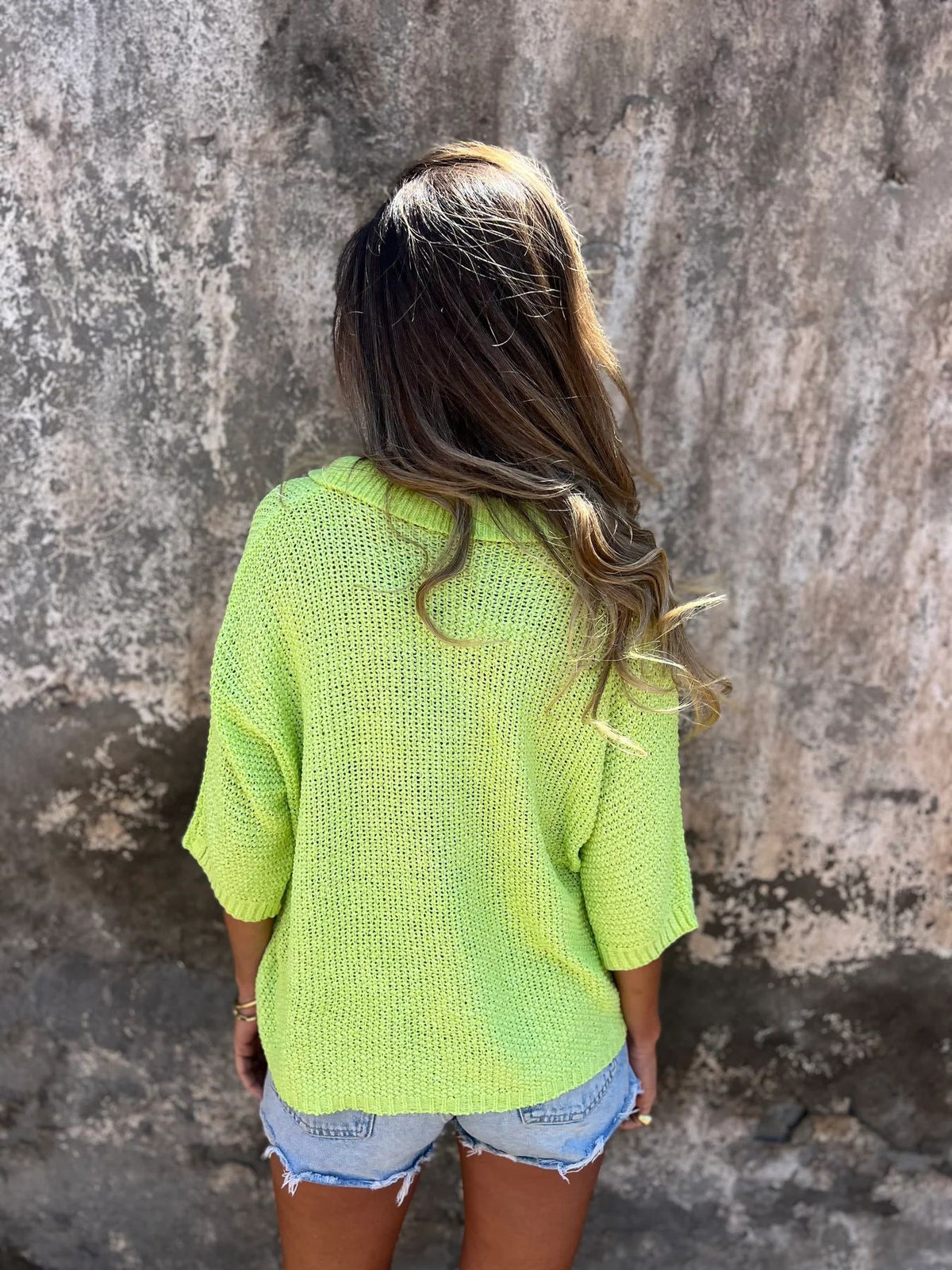 Open Knit Collared V Neck Top - acid - 4