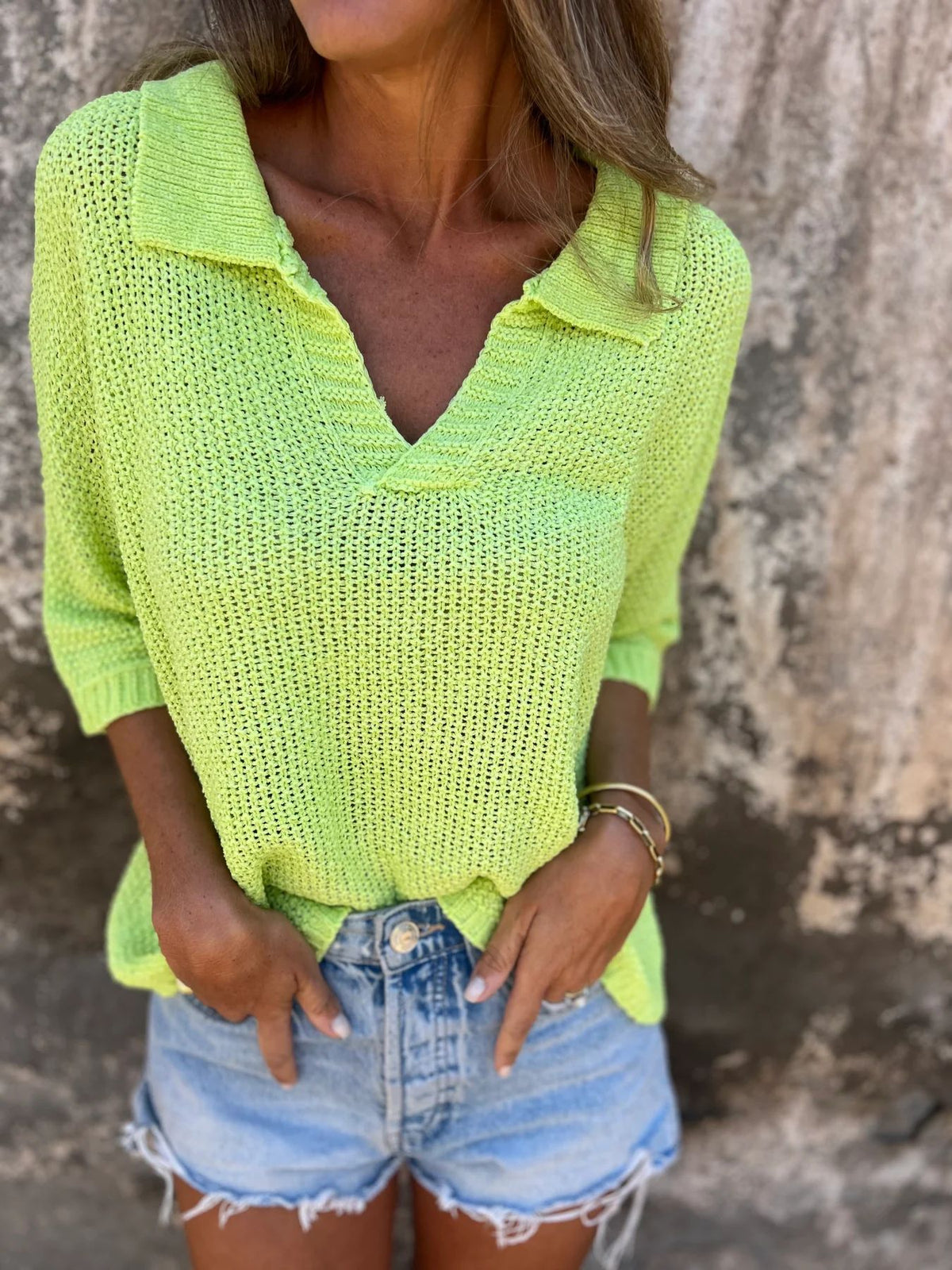 Open Knit Collared V Neck Top - acid - 5