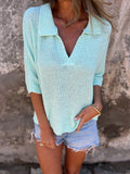 Open Knit Collared V Neck Top - mint